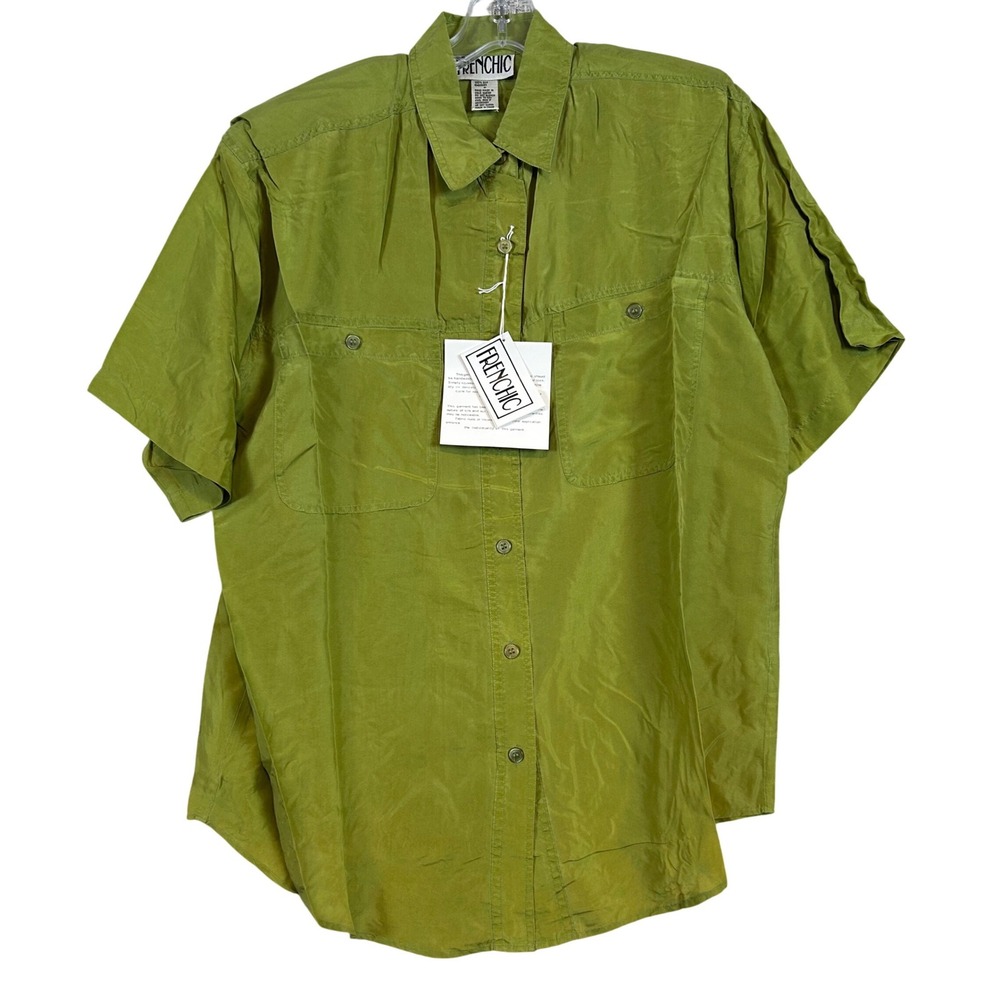 NWT Vintage Womens Green Washable Silk Short Sleeve Button Up Shirt Frenchic MED